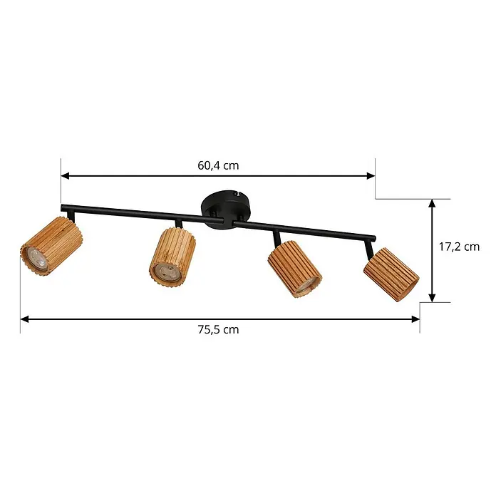 Lindby Deckenstrahler Stralino - L x B x H: 60,5 x 9 x 18 cm, Holz hell, GU10 - Schwarze Deckenleuchte mit vier verstellbaren Strahlern aus Holzlamellen. Maße sind angegeben.