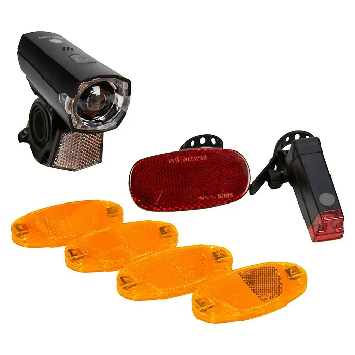 Fischer Fahrrad-Aufrüst-Set - 7 -tlg. - Fahrradbeleuchtungsset mit Frontlicht, Rücklicht und Reflektoren für erhöhte Sicherheit.