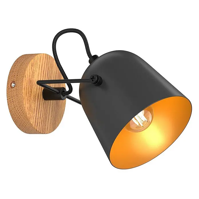 Lindby Deckenstrahler Adalin - L x B x H: 12 x 12 x 15,7 cm, Holz dunkel, schwarz, E14 - Schwarze Wandlampe aus Metall mit Holzsockel, goldenem Innenraum und sichtbarer Filamentbirne. Verstellbarer Strahler.