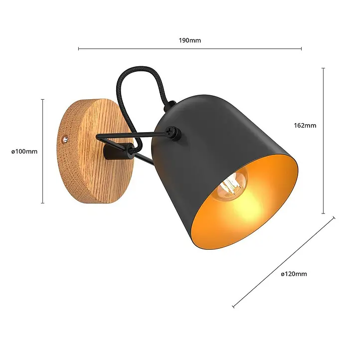 Lindby Deckenstrahler Adalin - L x B x H: 12 x 12 x 15,7 cm, Holz dunkel, schwarz, E14 - Wandleuchte: Holzsockel, schwarzer Metallschirm, goldene Innenseite, warmes Leuchtmittel.