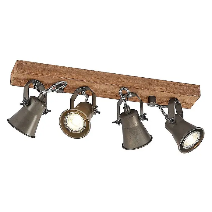Lindby Deckenstrahler Grandesa - Holz dunkel, schwarz, GU10 - Deckenstrahler im Industriestil mit Holzbalken und vier verstellbaren dunklen Metallspots, mit geflochtenen Kabeln.