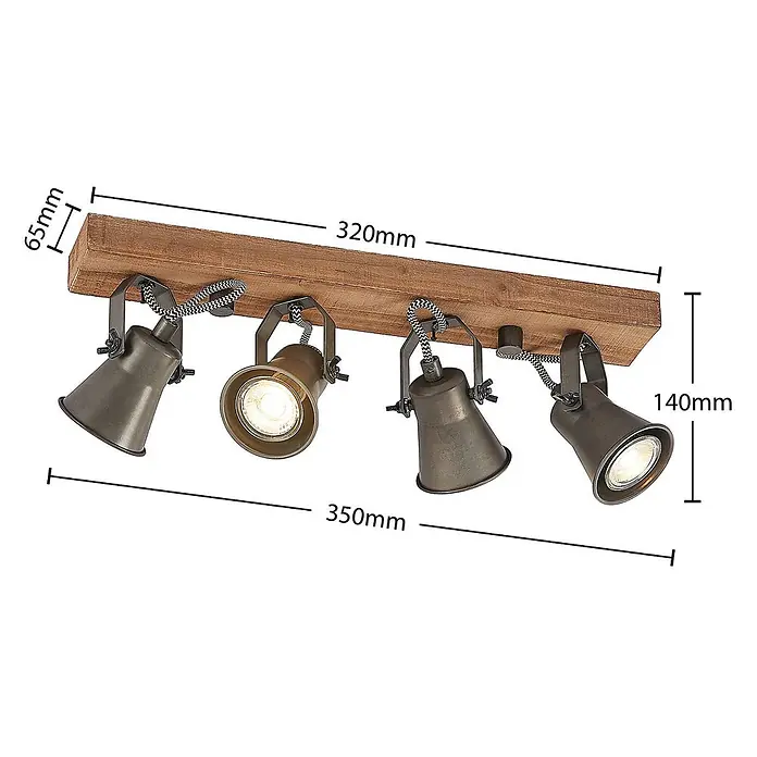 Lindby Deckenstrahler Grandesa - Holz dunkel, schwarz, GU10 - Vier dunkle Metallstrahler an Holzbalken mit geflochtenen Kabeln, zur Deckenmontage. Gesamtlänge 350mm.