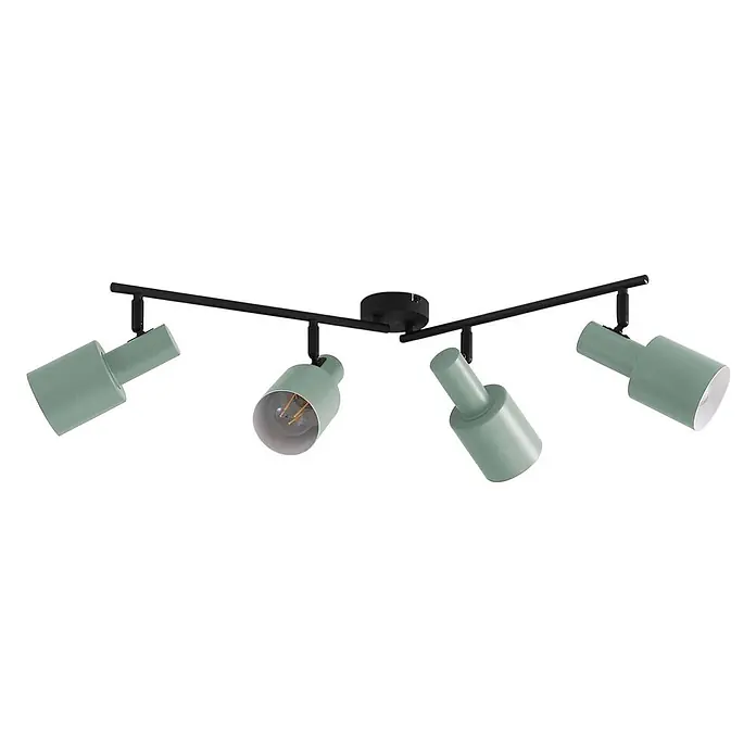 Lindby Deckenstrahler Ovelia - L x B x H: 79,5 x 9 x 25 cm, schwarz, grün, E27 - Schwarzer Deckenstrahler mit vier verstellbaren, salbeigrünen Metallschirmen. Moderne Schienenleuchte.