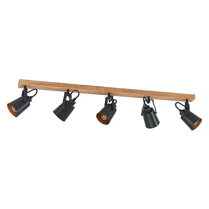 Lindby Deckenstrahler Kimban - L x B x H: 106,5 x 8,3 x 15,8 cm, Holz dunkel, schwarz, E14 - Deckenleuchte: Holzleiste mit fünf verstellbaren schwarzen Metallstrahlern, goldene Innenseite.