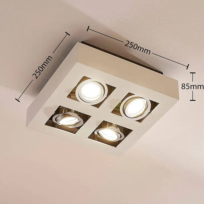 Arcchio Deckenstrahler Vince - weiß / opal, weiß / opal, GU10 - Quadratische, cremefarbene 250x250x85mm Deckenleuchte mit vier silberfarbenen, verstellbaren LED-Strahlern.