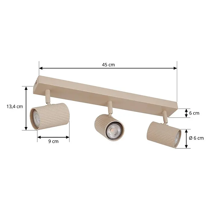 Lindby Deckenstrahler Kardis - L x B x H: 45 x 6 x 16 cm, creme / amber, creme / amber, GU10 - Beigefarbene lineare Deckenleuchte mit drei verstellbaren Strahlern; Maße angegeben.