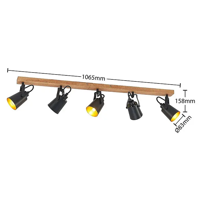 Lindby Deckenstrahler Kimban - L x B x H: 106,5 x 8,3 x 15,8 cm, Holz dunkel, schwarz, E14 - Deckenbalkenleuchte aus Holz mit fünf schwarzen Metallspots, die warmes Licht abstrahlen.