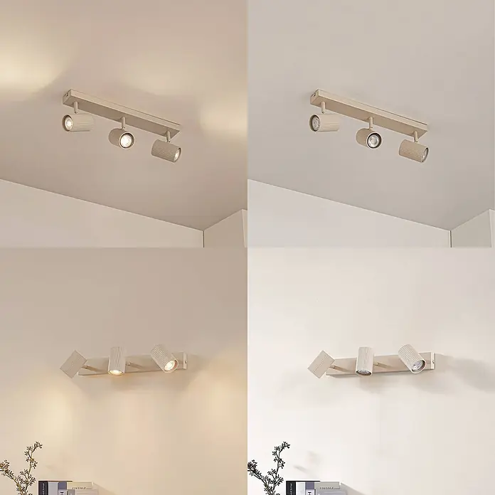 Lindby Deckenstrahler Kardis - L x B x H: 45 x 6 x 16 cm, creme / amber, creme / amber, GU10 - Beige Dreier-Strahlerleiste für Decken- und Wandmontage. Zylindrische Spots mit geriffelter Struktur, teilweise beleuchtet.