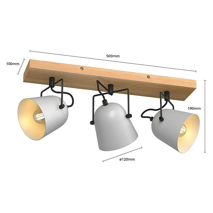 Lindby Deckenstrahler Adalin - Holz hell, alu / grau / zink, E14 - Deckenleuchte aus Holz mit drei weißen Metallstrahlern und schwarzen verstellbaren Halterungen, 500 mm lang.