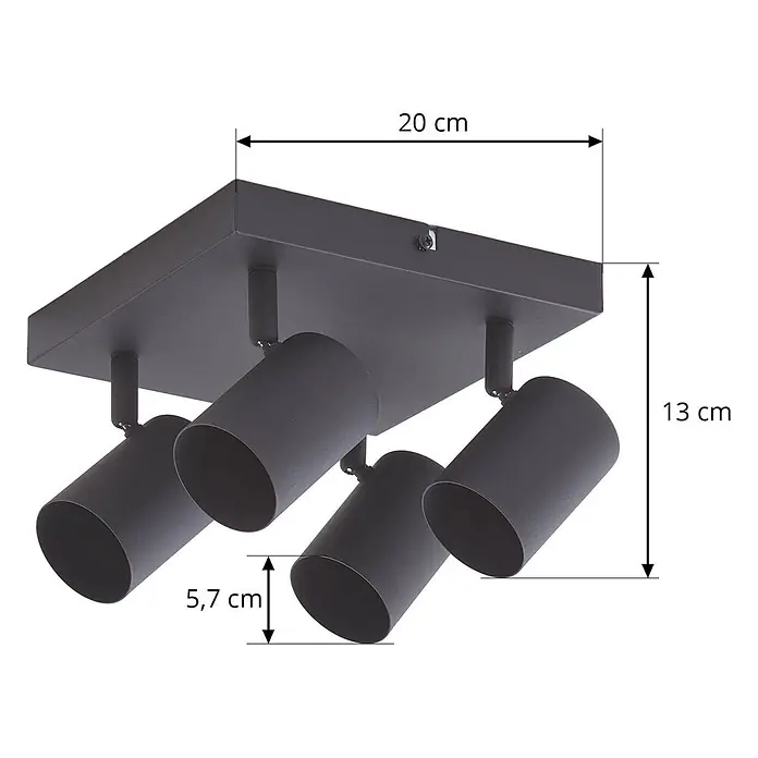 Lindby Deckenstrahler Jorell - schwarz, schwarz, GU10 - Mattschwarze Deckenleuchte aus Metall mit vier verstellbaren zylindrischen Strahlern.
