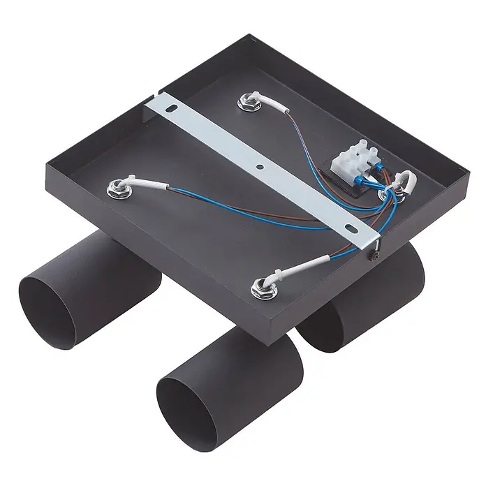 Lindby Deckenstrahler Jorell - schwarz, schwarz, GU10 - Schwarze Deckenleuchte aus Metall mit vier zylindrischen Köpfen, die interne Verkabelung zur Installation zeigt.