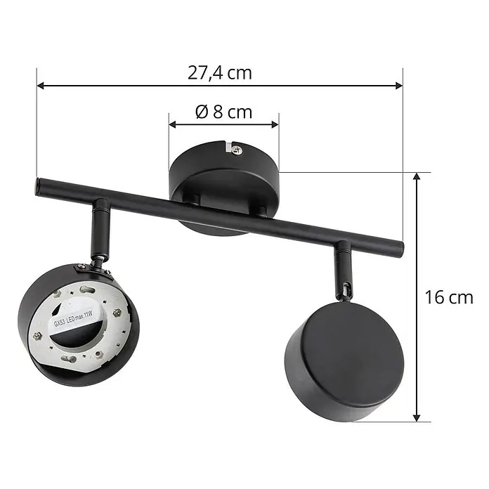Lindby Deckenstrahler Jyla - schwarz, 2GX53 - Schwarzer Deckenstrahler aus Metall mit zwei verstellbaren Köpfen, 27,4 cm lang, kompatibel mit GX53 LED max. 11W Leuchtmitteln.