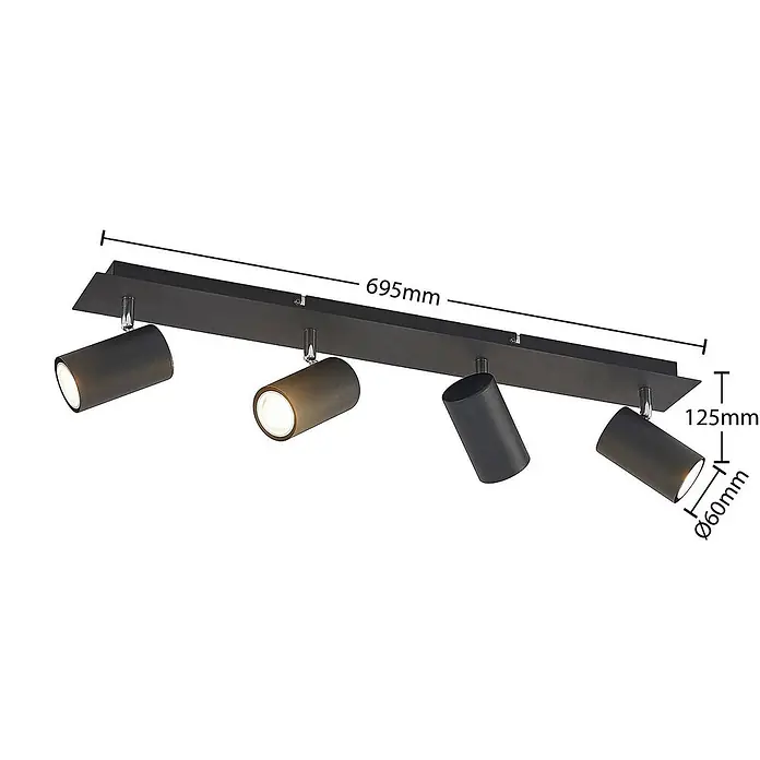 Lindby Deckenstrahler Joffrey - schwarz, schwarz, GU10 - Dunkle LED-Metallstrahlerleiste mit vier verstellbaren Spots, 695mm lang. Spots Ø60mm, Gesamthöhe 125mm.