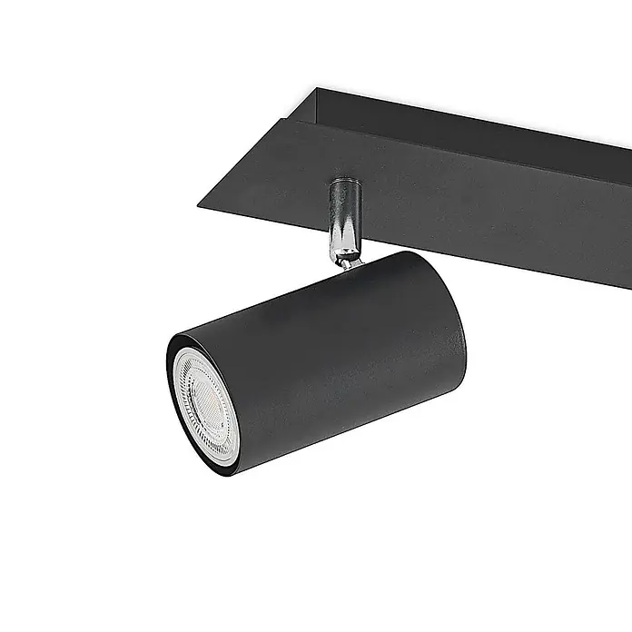 Lindby Deckenstrahler Joffrey - schwarz, schwarz, GU10 - Schwarzer zylindrischer LED-Strahler mit silberner Halterung an einer schwarzen Schiene.