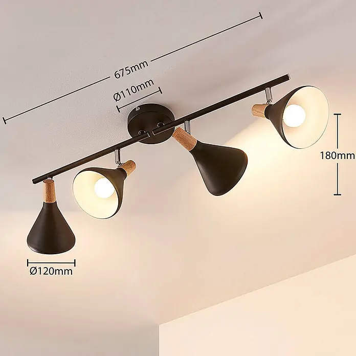 Lindby Deckenstrahler Arina - schwarz, schwarz, E14 - Vierflammiger Deckenstrahler aus schwarzem Metall und Holz, schienenmontiert, für warmes Richtlicht.