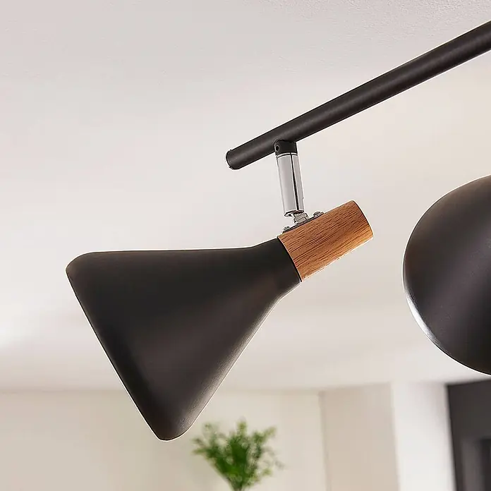 Lindby Deckenstrahler Arina - schwarz, schwarz, E14 - Schwarzer Metalldeckenstrahler mit Holzdetails, an einer Schiene montiert.