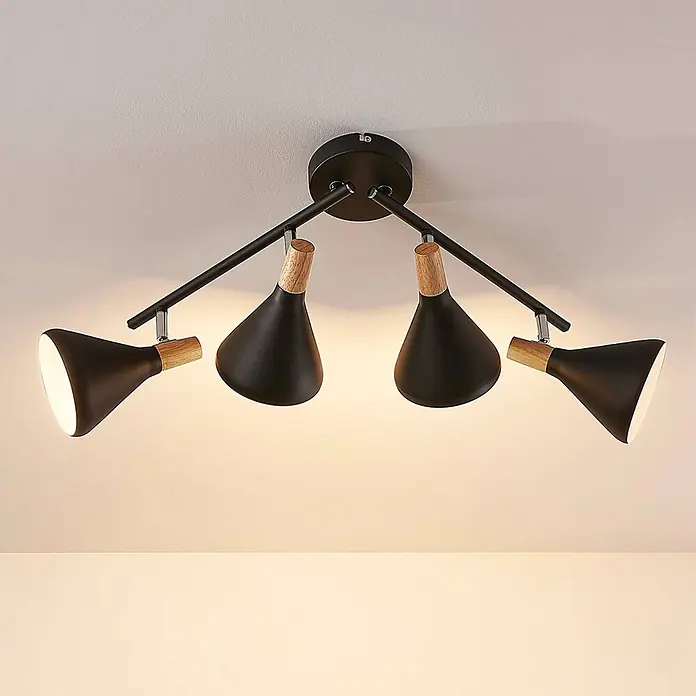 Lindby Deckenstrahler Arina - schwarz, schwarz, E14 - Schwarze Deckenleuchte mit vier verstellbaren, kegelförmigen Strahlern und Holzdetails.