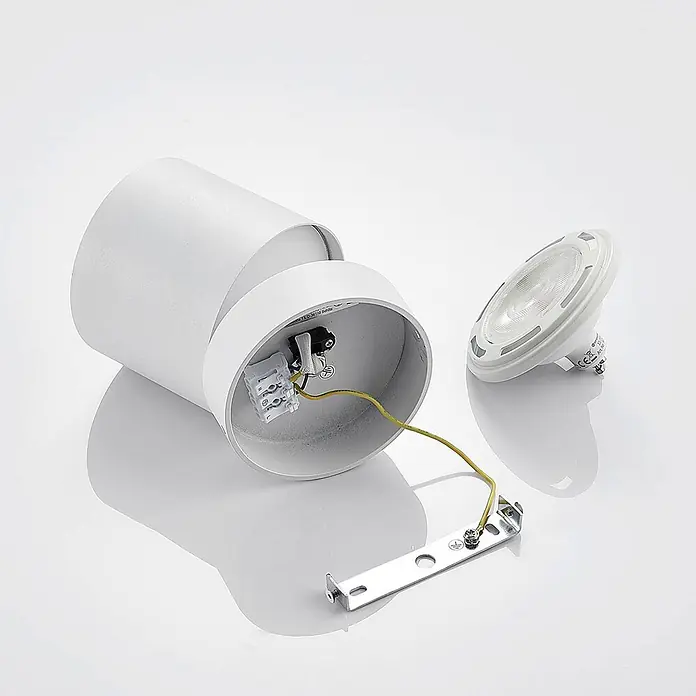 Arcchio Deckenstrahler Mabel - weiß / opal, weiß / opal, GU10 - Weiße zylindrische Wandleuchte, demontiert mit Verkabelung, Klemme, separater LED-Birne und Montagehalterung.