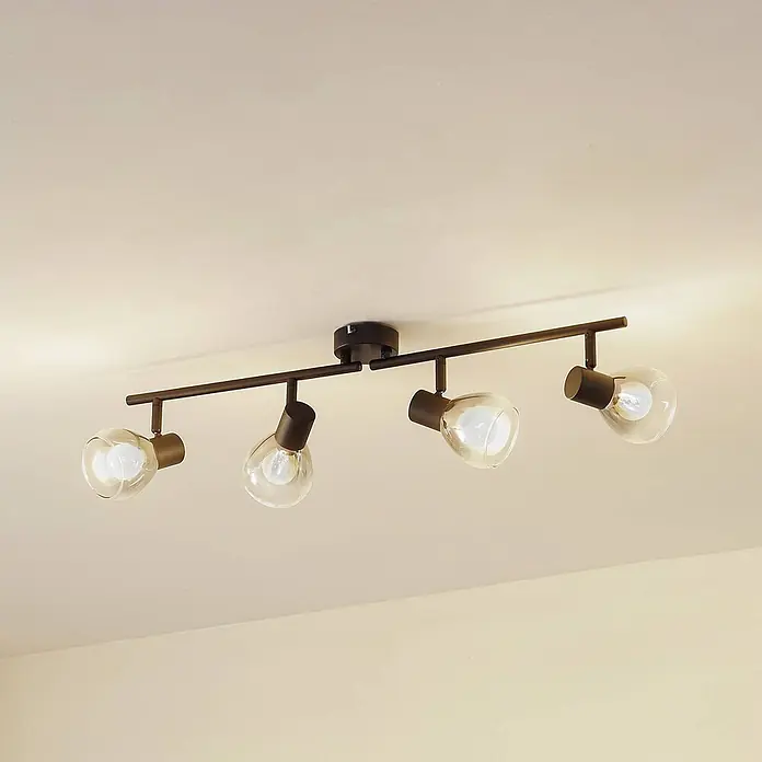 Lindby Deckenstrahler Pendura - schwarz, alu / grau / zink, E14 - Deckenmontierte dunkelbraune Schienenleuchte mit vier klaren Glasspots.