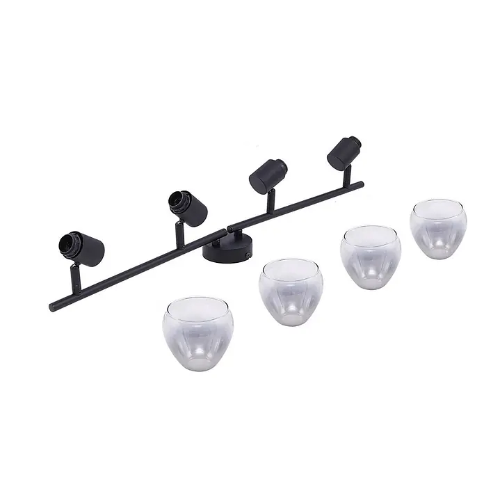Lindby Deckenstrahler Pendura - schwarz, alu / grau / zink, E14 - Schwarze Stromschiene mit vier verstellbaren Strahlern; vier separate mattierte Glasschirme.