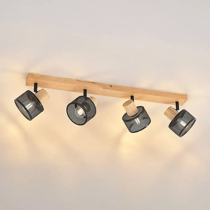Lindby Deckenstrahler Evinora - Holz dunkel, schwarz, E14 - Deckenleuchte aus Holz mit vier schwarzen Gitter-Spotköpfen, Akzenten aus Naturholz und warmem Licht.