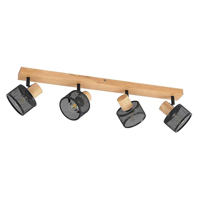 Lindby Deckenstrahler Evinora - Holz dunkel, schwarz, E14 - Deckenleuchte aus Holz mit vier schwarzen Gitterstrahlern und natürlichen Holzakzenten.