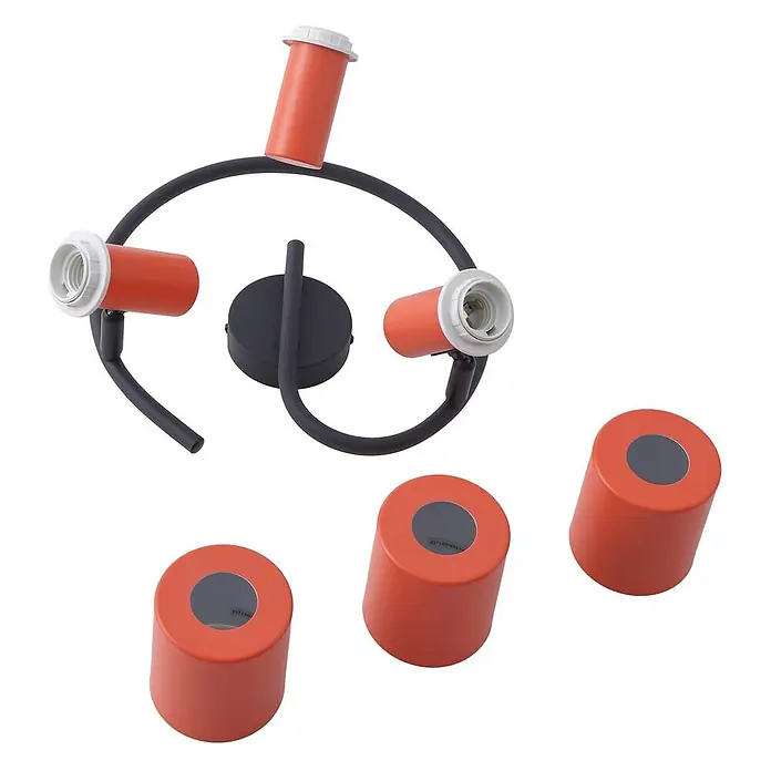 Lindby Deckenstrahler Ovelia - gelb / orange, E27 - Eine moderne Deckenleuchte mit schwarzem gebogenem Rahmen, drei orangefarbenen Lampenfassungen und drei separaten orangefarbenen zylindrischen Schirmen.