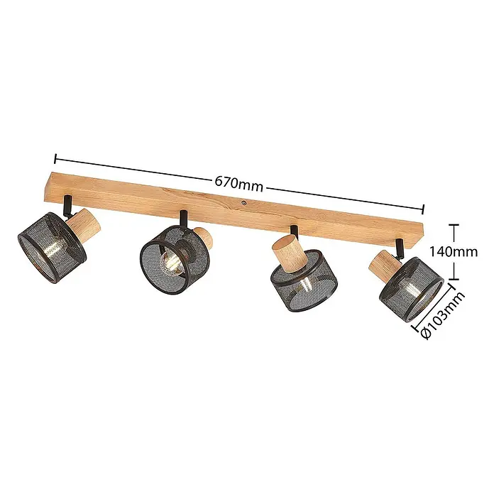 Lindby Deckenstrahler Evinora - Holz dunkel, schwarz, E14 - Vierflammige Strahlerleiste aus hellem Holz mit schwarzen Mesh-Schirmen.