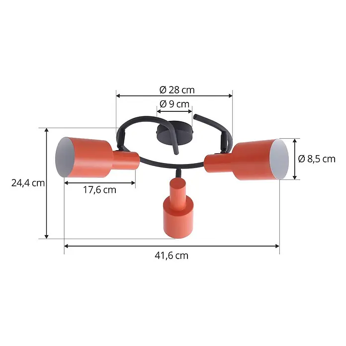 Lindby Deckenstrahler Ovelia - gelb / orange, E27 - Deckenleuchte aus orange-schwarzem Metall mit drei verstellbaren Spots und runder Basis, Maße angegeben.
