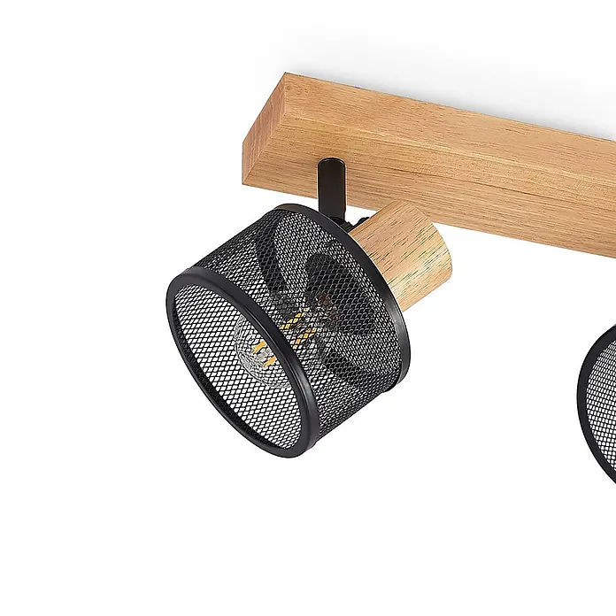 Lindby Deckenstrahler Evinora - Holz dunkel, schwarz, E14 - Deckenstrahler aus Holz mit schwarzen Gitter-Lampenschirmen und sichtbaren LED-Birnen.