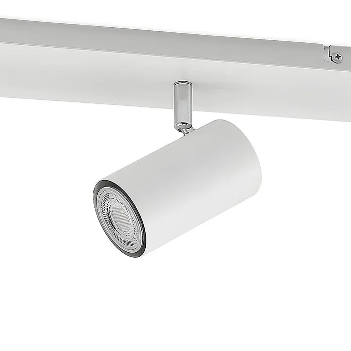 Lindby Deckenstrahler Joffrey - L x B x H: 116 x 9 x 16,5 cm, weiß / opal, weiß / opal, GU10 - Weißer zylindrischer Stromschienenstrahler mit Chromanschluss, an einer weißen Schiene montiert.
