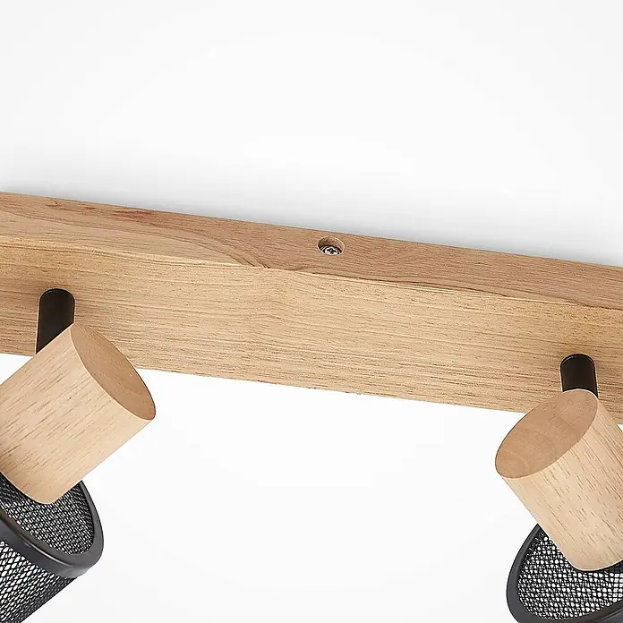 Lindby Deckenstrahler Evinora - Holz dunkel, schwarz, E14 - Deckenleuchte mit Holzleiste und zwei Strahlern mit hellem Holz und schwarzen Gitterblenden.