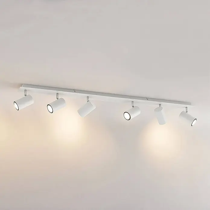 Lindby Deckenstrahler Joffrey - L x B x H: 116 x 9 x 16,5 cm, weiß / opal, weiß / opal, GU10 - Weiße lineare Schienenleuchte mit sechs verstellbaren zylindrischen Strahlern, die warmes Licht abgeben.