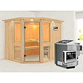 Karibu Elementsauna Amelia 3 (Mit 9 kW Bio-Ofen mit externer Steuerung, Mit Dachkranz und Beleuchtung, L x B x H: 245 x 210 x 192 cm)
