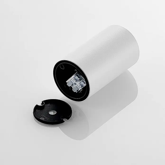 Arcchio Deckenstrahler Olivir - weiß / opal, weiß / opal, GU10 - Weißes zylindrisches Gehäuse mit abgenommener schwarzer Endkappe, zeigt interne elektrische Anschlüsse.