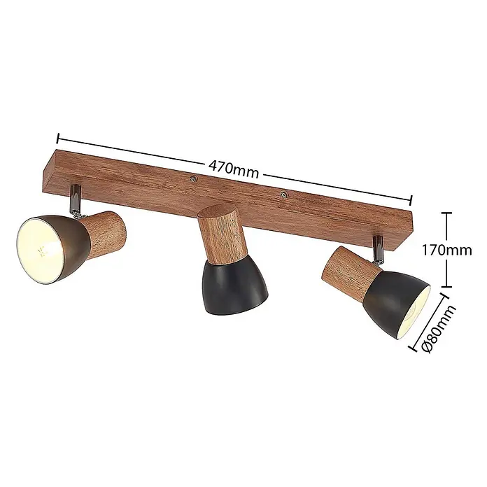 Lindby Deckenstrahler Tonja - L x B x H: 55 x 8 x 14,5 cm, Holz hell, E14 - Verstellbare 3-flammige Deckenleuchte, braunes Holz mit schwarzen Metallschirmen.