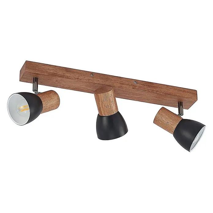 Lindby Deckenstrahler Tonja - L x B x H: 55 x 8 x 14,5 cm, Holz hell, E14 - Dreiflammige Deckenleuchte mit braunem Holzbalken und verstellbaren schwarz-holzfarbenen Strahlern.