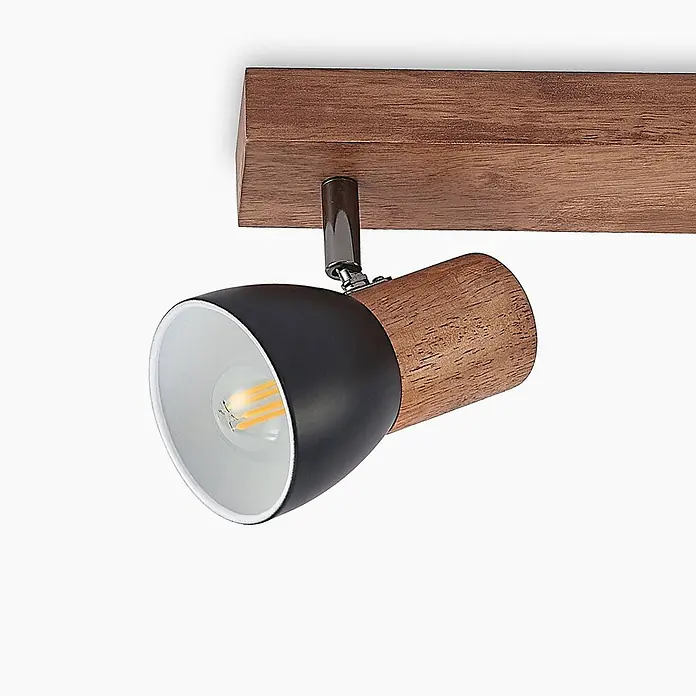 Lindby Deckenstrahler Tonja - L x B x H: 55 x 8 x 14,5 cm, Holz hell, E14 - Deckenstrahler aus Holzleiste mit schwarzem Metallschirm, Akzent aus Naturholz und sichtbarer LED-Birne.