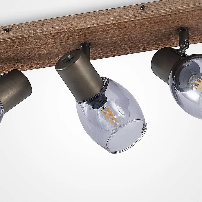 Lindby Deckenstrahler Ineska - Holz dunkel, E14 - Rustikale Holz-Deckenleuchte mit drei verstellbaren dunklen Metallstrahlern und Klarglasschirmen mit LED-Filamenten.