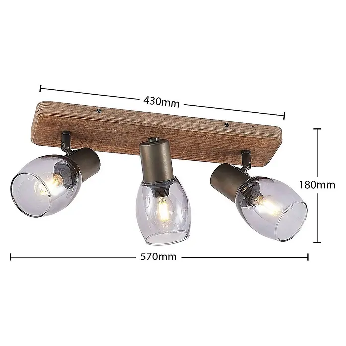 Lindby Deckenstrahler Ineska - Holz dunkel, E14 - Deckenlampe aus Holz mit drei messingfarbenen Strahlern und klaren Glasschirmen.