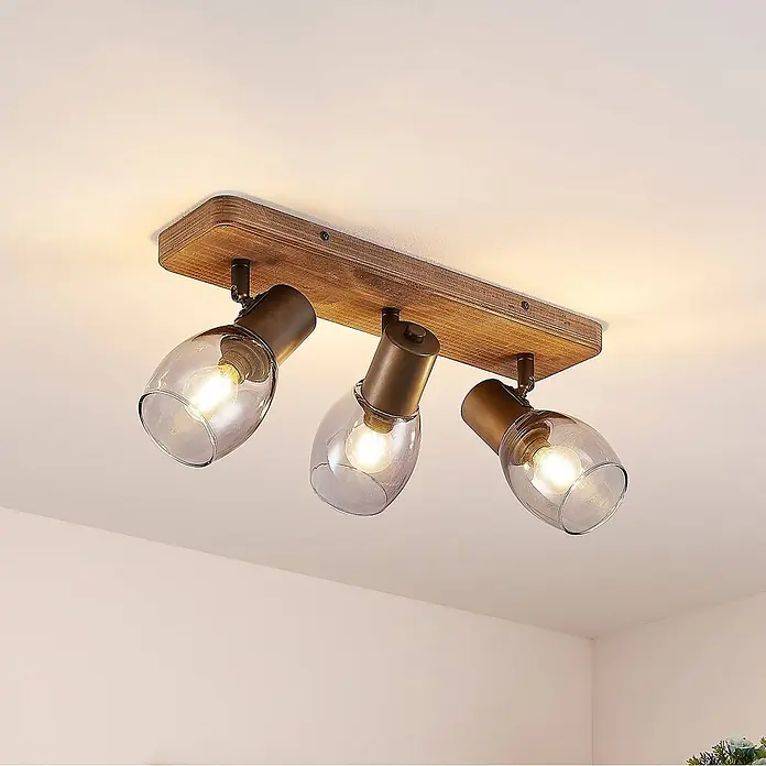 Lindby Deckenstrahler Ineska - Holz dunkel, E14 - Deckenleuchte aus Holz mit drei dunklen Metallspots und klaren Glasschirmen.