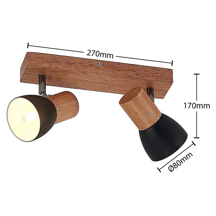 Lindby Deckenstrahler Tonja - L x B x H: 32,2 x 8 x 14,5 cm, Holz hell, E14 - Zweiflammiger Deckenstrahler mit Holzbasis und verstellbaren schwarz-hölzernen Leuchtenköpfen.