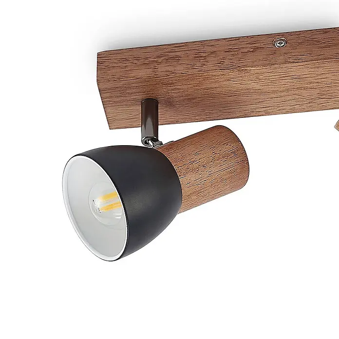 Lindby Deckenstrahler Tonja - L x B x H: 32,2 x 8 x 14,5 cm, Holz hell, E14 - Deckenstrahler aus Holz mit schwarzem Metallschirm, Holzakzent und sichtbarer LED-Birne.