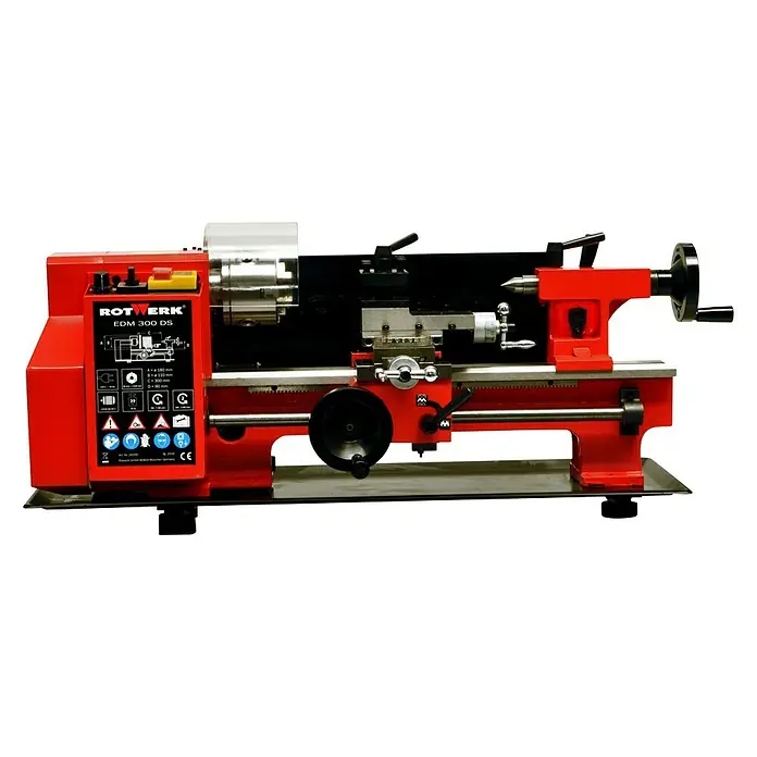 Rotwerk Drehmaschine EDM 300 DS - 250 W, Max. Werkstücklänge: 300 mm - Eine rote Drehmaschine von Rotwerk, Modell EDM 300 DS, ideal für präzise Bearbeitung von Werkstücken in Werkstätten und Hobbyräumen.