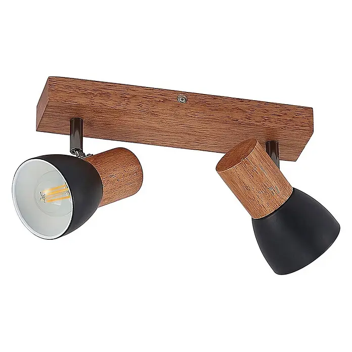 Lindby Deckenstrahler Tonja - L x B x H: 32,2 x 8 x 14,5 cm, Holz hell, E14 - Zweiflammiger Deckenstrahler mit Holzsockel und verstellbaren Spots aus schwarzem Metall und Holz.