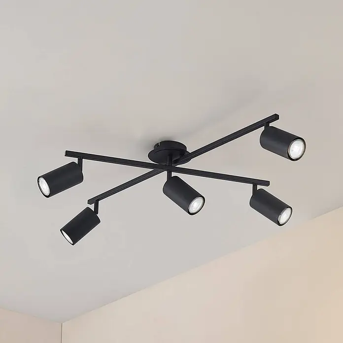 Lindby Deckenstrahler Joffrey - L x B x H: 77,5 x 57,5 x 22,5 cm, schwarz, schwarz, GU10 - Moderne schwarze Deckenleuchte mit sechs verstellbaren zylindrischen Strahlern.