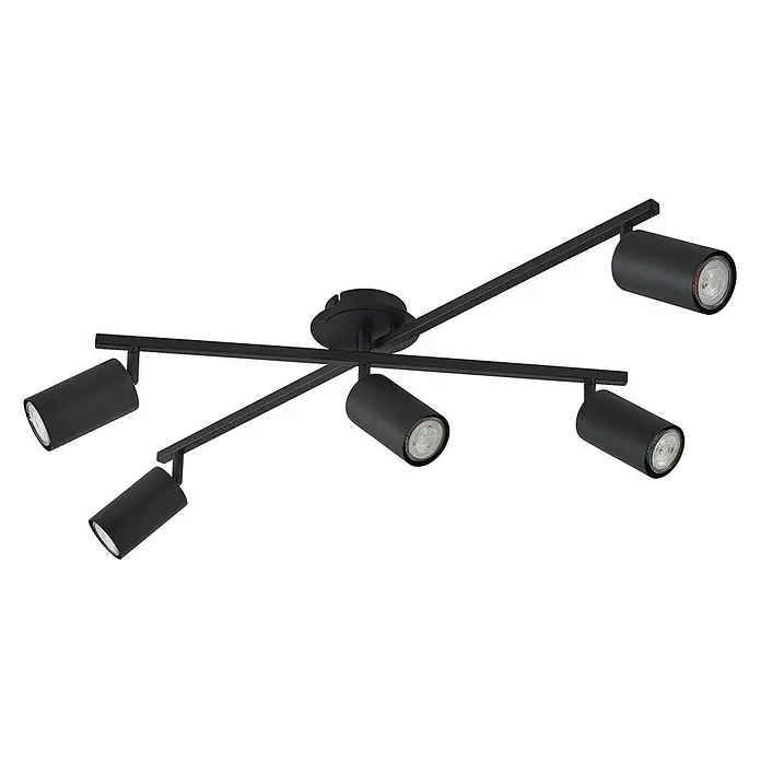 Lindby Deckenstrahler Joffrey - L x B x H: 77,5 x 57,5 x 22,5 cm, schwarz, schwarz, GU10 - Mattschwarze Deckenleuchte aus Metall mit fünf verstellbaren zylindrischen Strahlern auf einer kreuzförmigen Schiene.