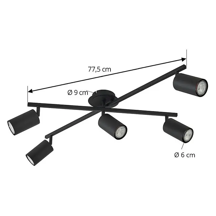 Lindby Deckenstrahler Joffrey - L x B x H: 77,5 x 57,5 x 22,5 cm, schwarz, schwarz, GU10 - Schwarzer 5-flammiger Deckenstrahler, 77,5 cm lang, mit 6 cm Ø Köpfen und 9 cm Ø Basis.