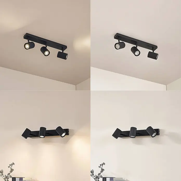 Lindby Deckenstrahler Kardis - L x B x H: 45 x 6 x 16 cm, alu / grau / zink, alu / grau / zink, GU10 - Schwarze 3-Flammen-Leuchte mit Spots, an Decke und Wand montiert, zeigt warm- und kaltweißes Licht.