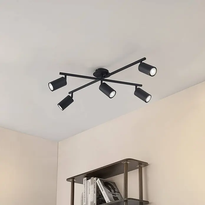 Lindby Deckenstrahler Joffrey - L x B x H: 77,5 x 57,5 x 22,5 cm, schwarz, schwarz, GU10 - Schwarze Deckenleuchte aus Metall mit sechs strahlenförmig angeordneten Strahlern.